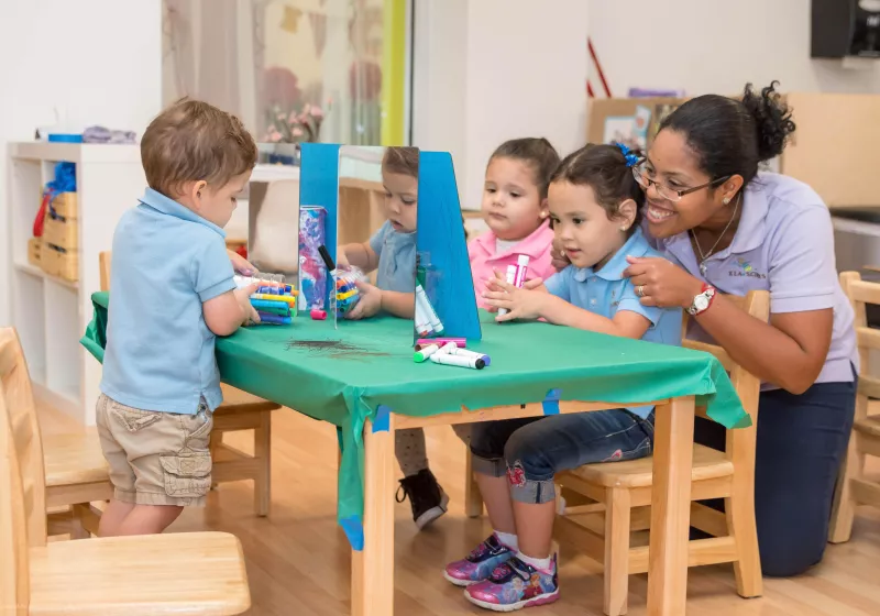 Preschool children art project collaboration with reflection